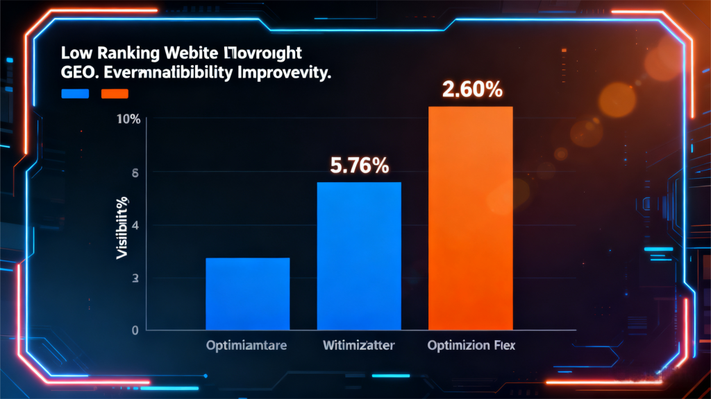 展示低排名网站经 GEO 优化后的可见性提升，通过三种方法的柱状图对比，直观呈现 GEO 对低排名内容的增益效果。